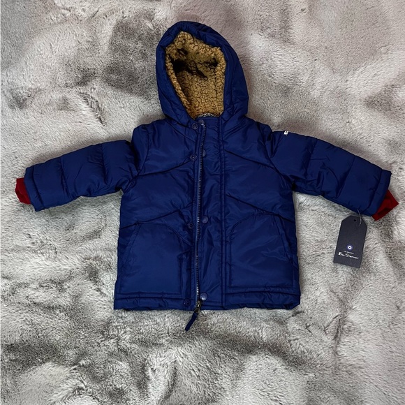 NEW Ben Sherman Puffer Jacket Sherpa hood, fleece lined Coat Blue Red 12 months - Picture 2 of 6